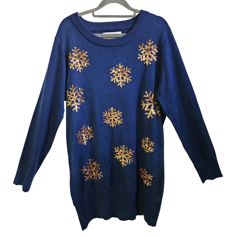 Tipsey Elves Sweater Dress Blue Gold Sequin Snowflake Print Holiday Party XL
